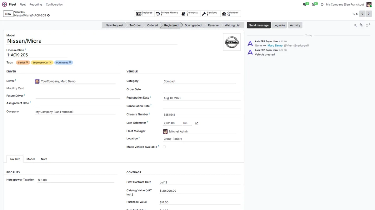 Vehicle record with license plate, driver, odometer and contracts