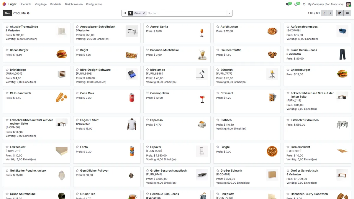 Produktkatalog mit Varianten, Preisen und verfügbaren Mengen