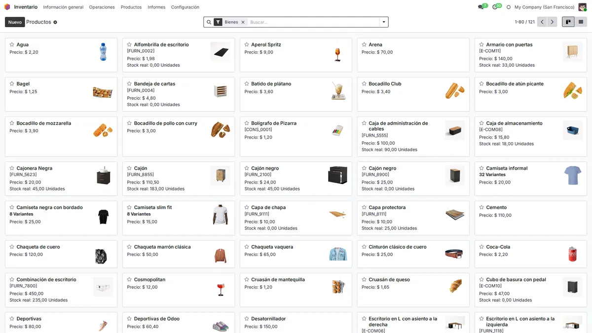 Catálogo de productos con variantes, precios y cantidades disponibles