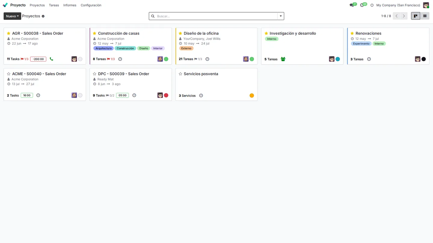 Proyectos como tarjetas con cliente, fechas y número de tareas