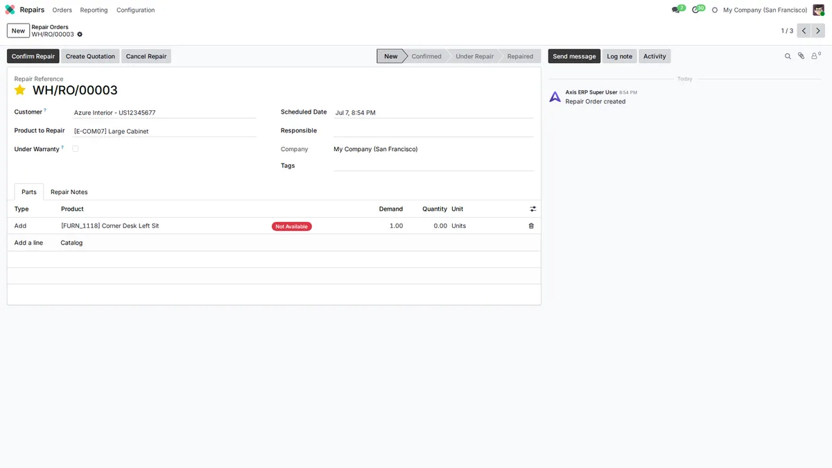 Repair order with the customer, the item to repair and the parts list with availability