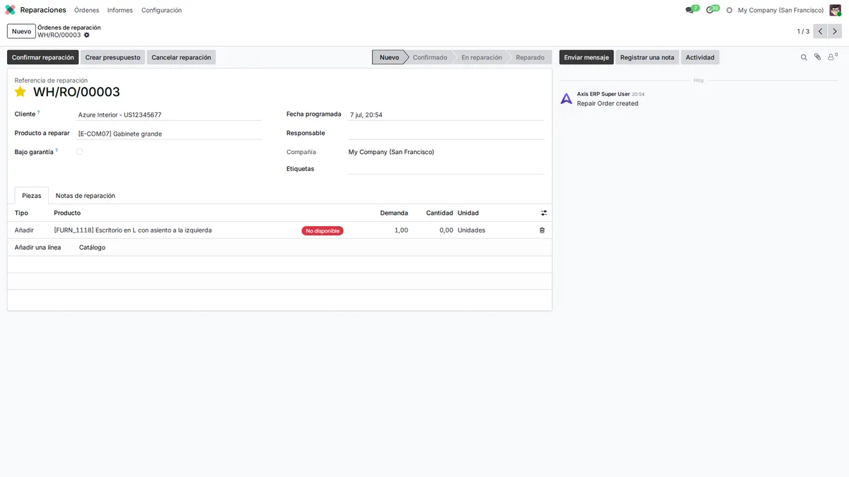 Orden de reparación con el cliente, el artículo a reparar y la lista de recambios con su disponibilidad